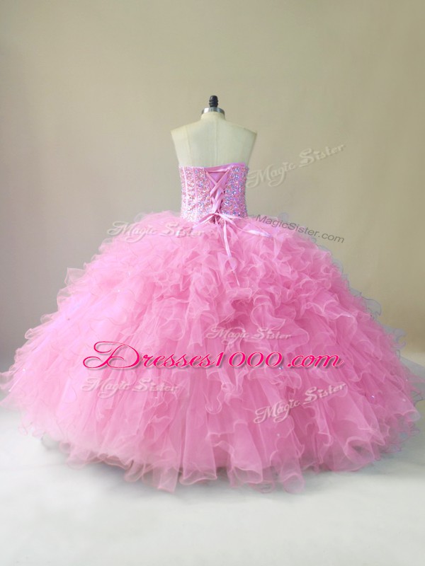 Gorgeous Baby Pink Sleeveless Floor Length Beading and Ruffles Lace Up Quince Ball Gowns