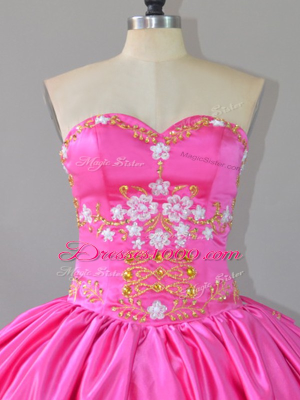 Sexy Floor Length Lace Up Quinceanera Dress Rose Pink for Sweet 16 and Quinceanera with Embroidery