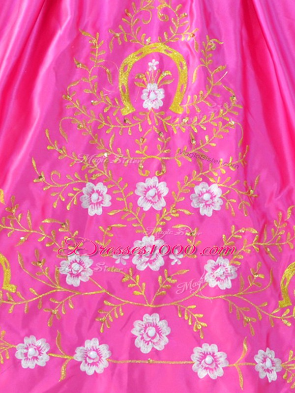 Sexy Floor Length Lace Up Quinceanera Dress Rose Pink for Sweet 16 and Quinceanera with Embroidery