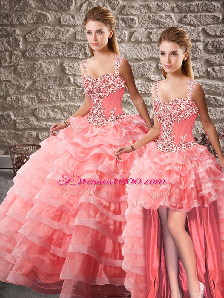 Customized Watermelon Red Lace Up Straps Beading and Ruffled Layers Ball Gown Prom Dress Organza Sleeveless Court Train