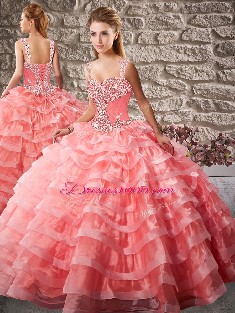 Customized Watermelon Red Lace Up Straps Beading and Ruffled Layers Ball Gown Prom Dress Organza Sleeveless Court Train
