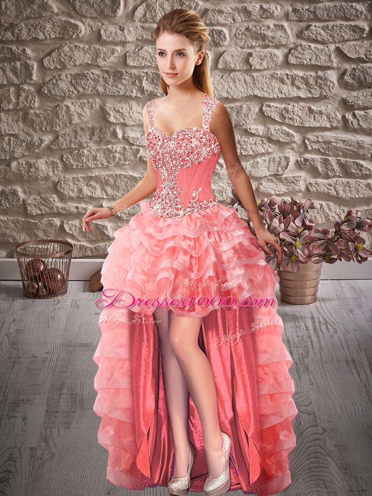 Customized Watermelon Red Lace Up Straps Beading and Ruffled Layers Ball Gown Prom Dress Organza Sleeveless Court Train