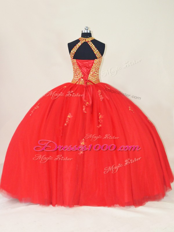 Red Lace Up Quinceanera Dress Beading and Appliques Sleeveless Floor Length