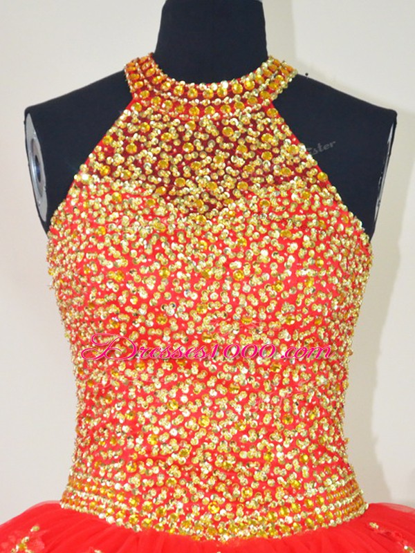 Red Lace Up Quinceanera Dress Beading and Appliques Sleeveless Floor Length