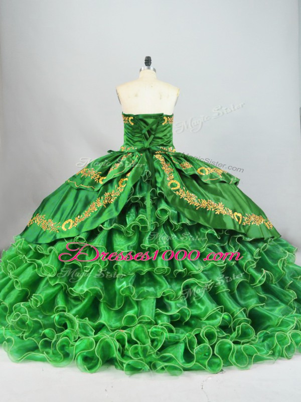 Sweetheart Sleeveless Quinceanera Dresses Brush Train Embroidery and Ruffled Layers Green Satin and Organza