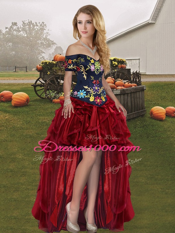 Sleeveless Organza Floor Length Lace Up Quince Ball Gowns in Red And Black with Embroidery and Ruffles