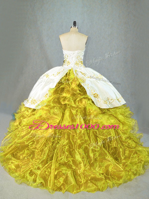 Yellow Sweetheart Neckline Beading and Embroidery and Ruffles Quince Ball Gowns Sleeveless Lace Up