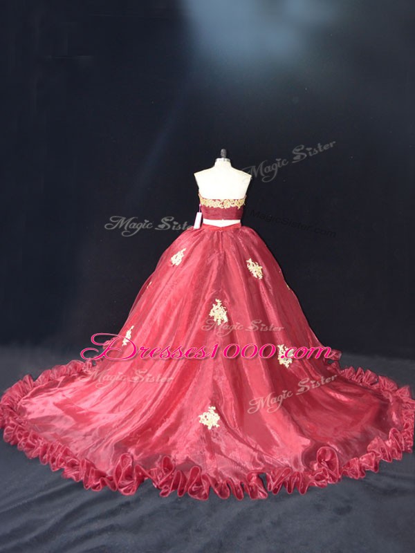 Sweetheart Sleeveless Sweet 16 Dress Appliques Red and Burgundy Organza