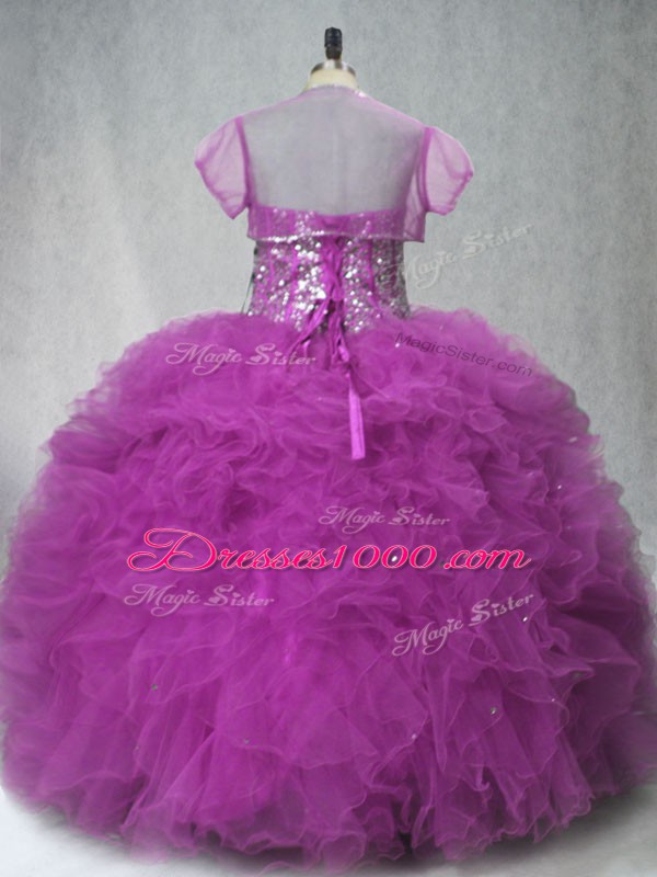Designer Floor Length Lace Up Sweet 16 Quinceanera Dress Fuchsia for Sweet 16 and Quinceanera with Beading and Ruffles