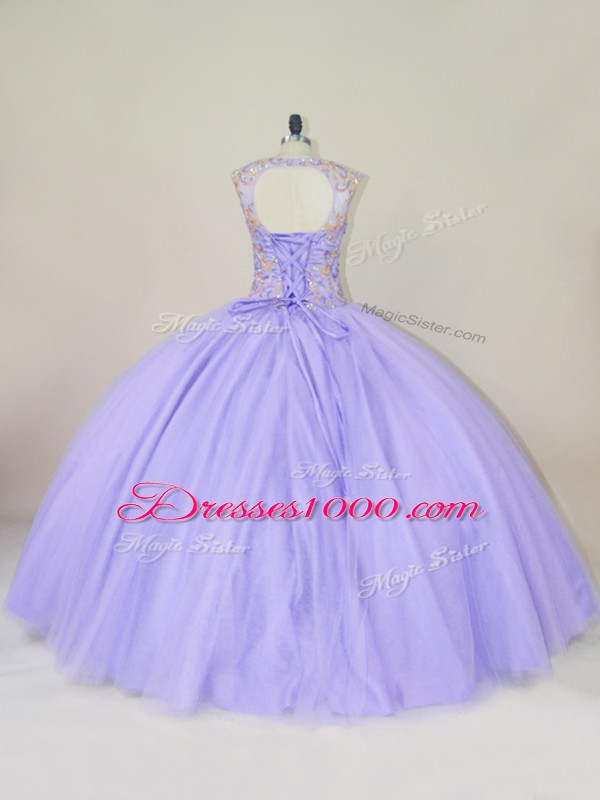 Scoop Sleeveless Lace Up Quinceanera Dress Lavender Tulle
