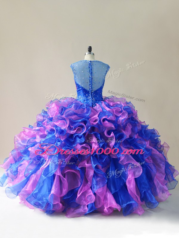 Straps Sleeveless 15th Birthday Dress Floor Length Beading and Ruffles Multi-color Organza