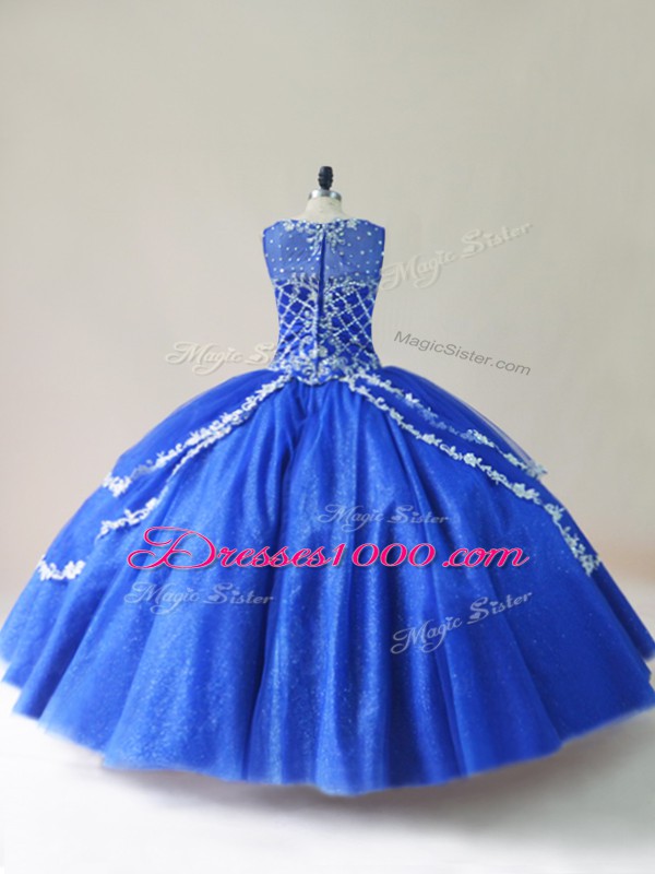 Royal Blue Ball Gowns Tulle Scoop Sleeveless Beading Floor Length Zipper Quinceanera Dress