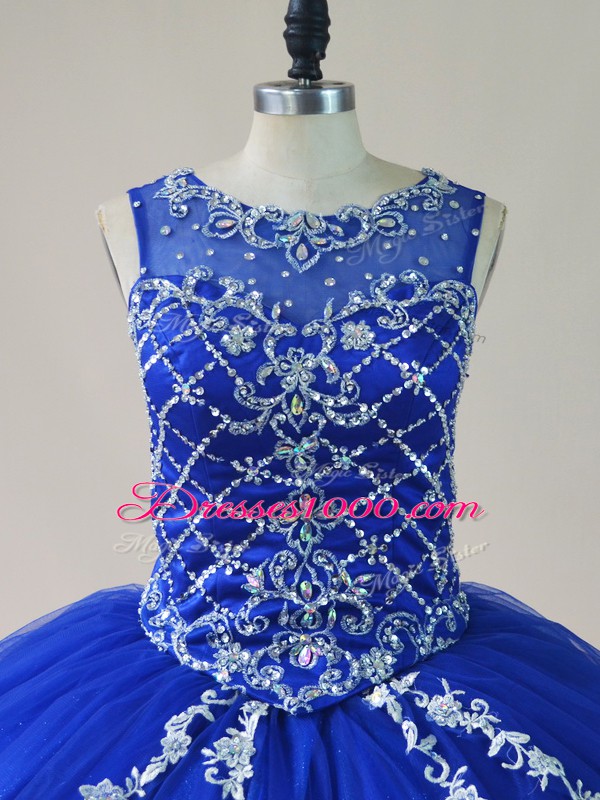 Royal Blue Ball Gowns Tulle Scoop Sleeveless Beading Floor Length Zipper Quinceanera Dress