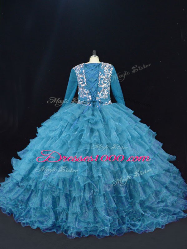 Organza V-neck Long Sleeves Lace Up Beading and Ruffled Layers Quince Ball Gowns in Teal