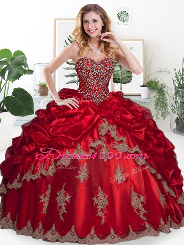 Custom Designed Wine Red Organza Lace Up 15th Birthday Dress Sleeveless Floor Length Beading and Appliques and Pick Ups