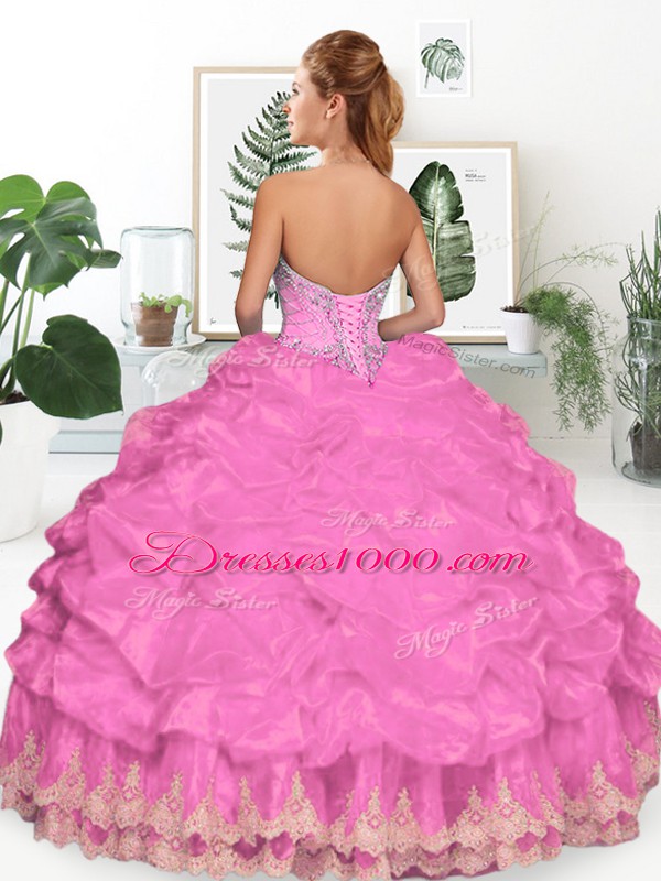 Custom Designed Wine Red Organza Lace Up 15th Birthday Dress Sleeveless Floor Length Beading and Appliques and Pick Ups