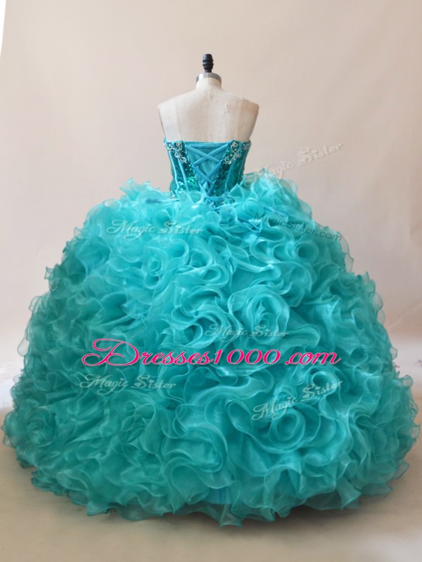Beautiful Floor Length 15th Birthday Dress Aqua Blue for Sweet 16 and Quinceanera with Ruffles and Sequins