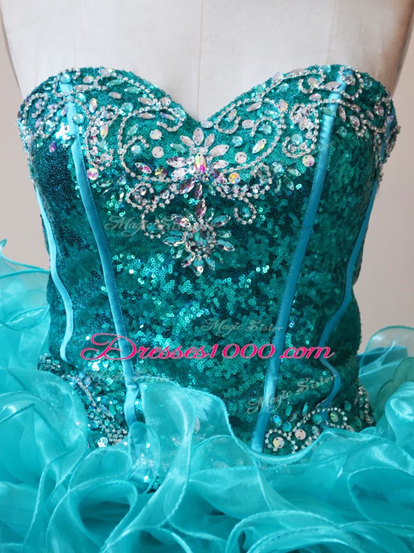 Beautiful Floor Length 15th Birthday Dress Aqua Blue for Sweet 16 and Quinceanera with Ruffles and Sequins