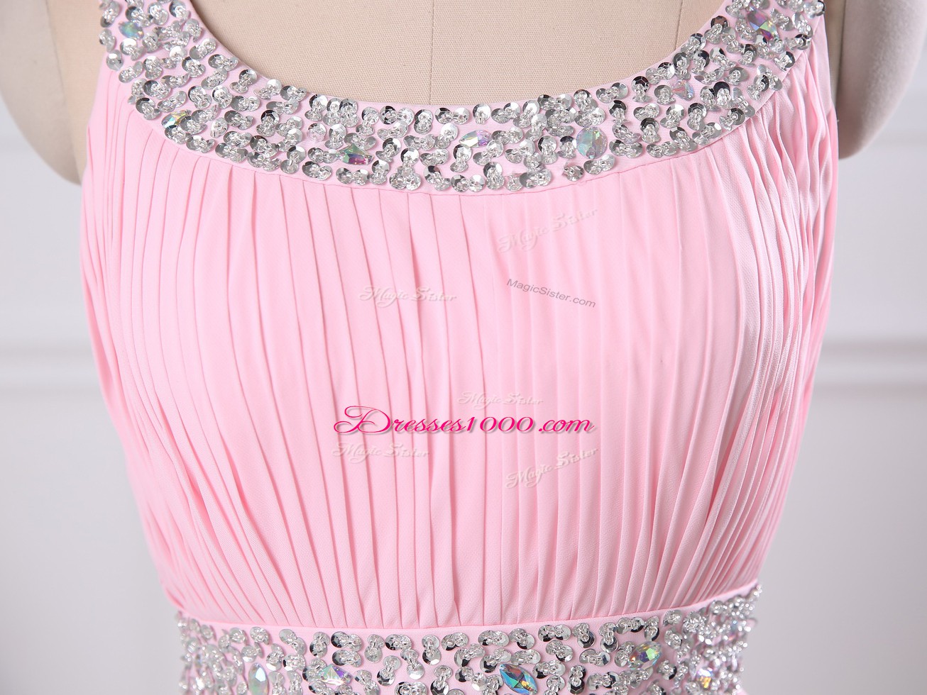 Scoop Sleeveless Evening Wear Floor Length Beading and Ruching Baby Pink Chiffon