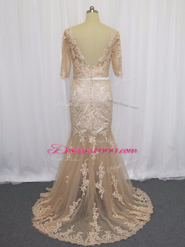 Mermaid Half Sleeves Champagne Brush Train Backless
