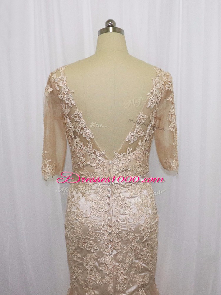 Mermaid Half Sleeves Champagne Brush Train Backless
