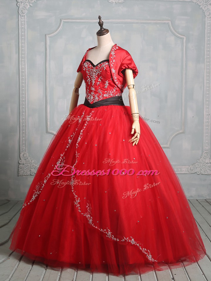 Floor Length Red Vestidos de Quinceanera Tulle Sleeveless Embroidery