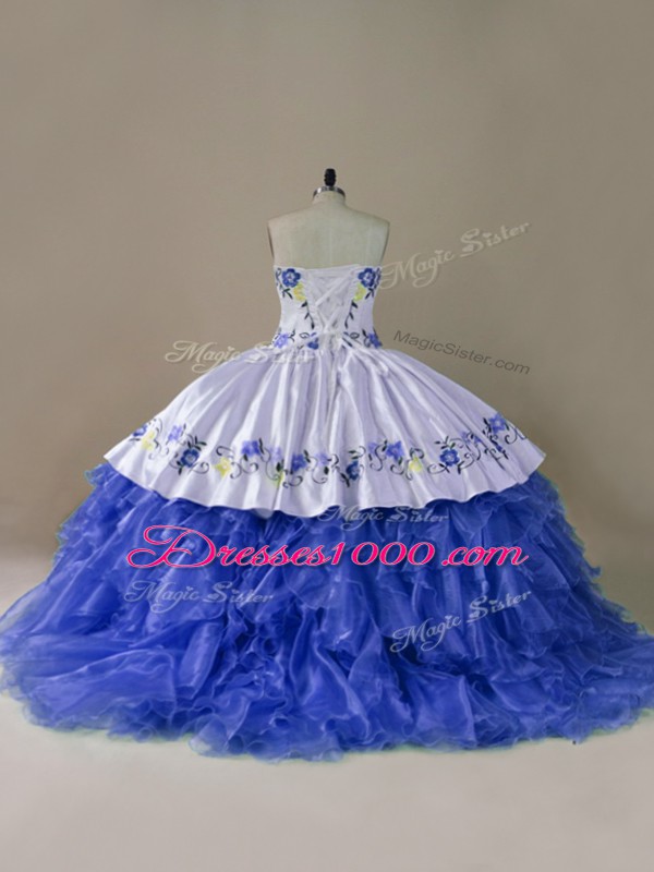 Classical Sleeveless Brush Train Lace Up Embroidery and Ruffles Sweet 16 Quinceanera Dress