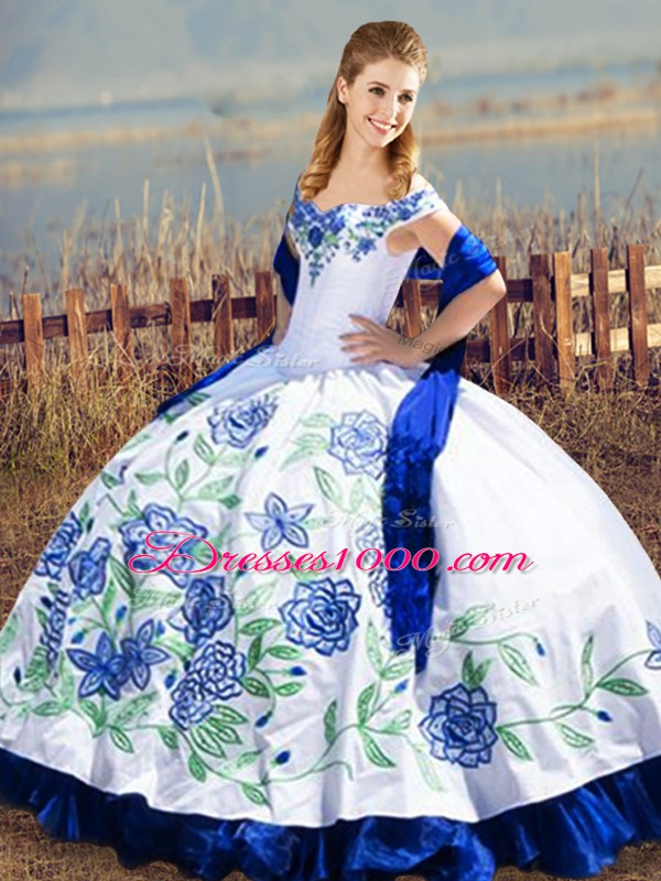 Lovely Blue And White Off The Shoulder Lace Up Embroidery and Ruffles Sweet 16 Quinceanera Dress Sleeveless