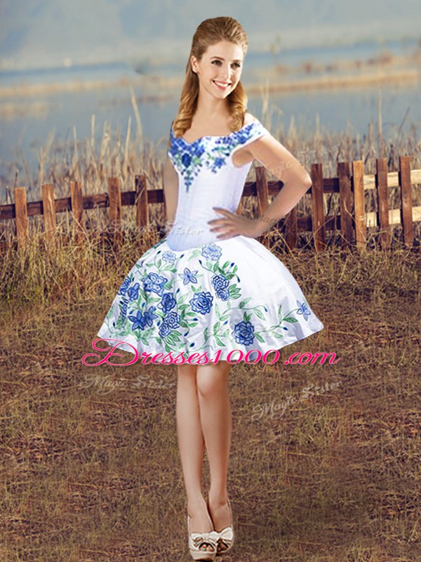 Lovely Blue And White Off The Shoulder Lace Up Embroidery and Ruffles Sweet 16 Quinceanera Dress Sleeveless