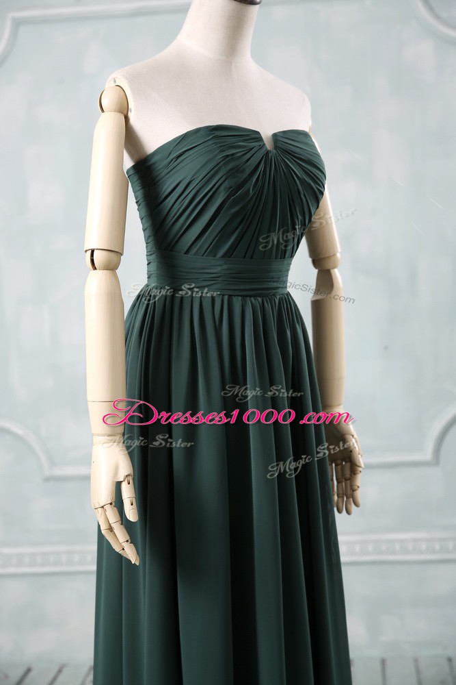 Noble Sleeveless Floor Length Ruching Zipper Evening Wear with Green