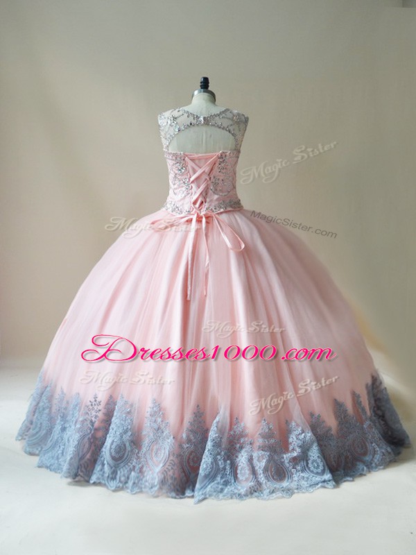 Top Selling Pink Lace Up Scoop Beading and Appliques Quinceanera Dresses Tulle Sleeveless