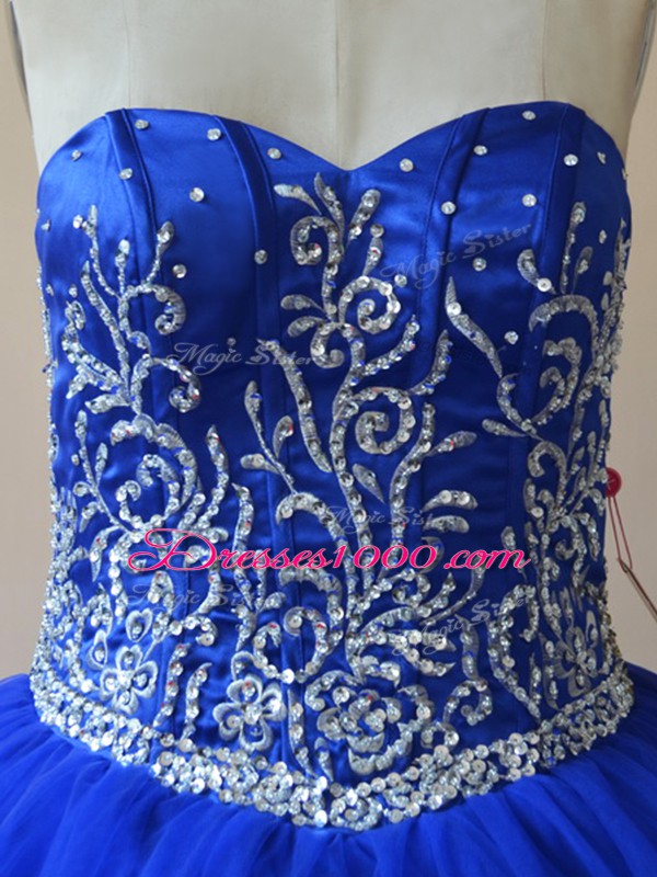 Inexpensive Royal Blue Ball Gowns Sweetheart Sleeveless Tulle Floor Length Lace Up Embroidery 15th Birthday Dress
