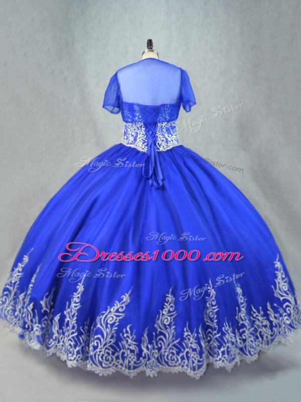 Inexpensive Royal Blue Ball Gowns Sweetheart Sleeveless Tulle Floor Length Lace Up Embroidery 15th Birthday Dress