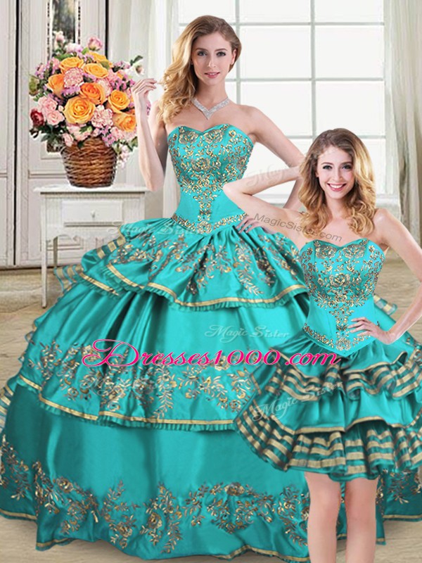 Dazzling Sweetheart Sleeveless Quinceanera Dress Floor Length Embroidery and Ruffled Layers Aqua Blue Organza