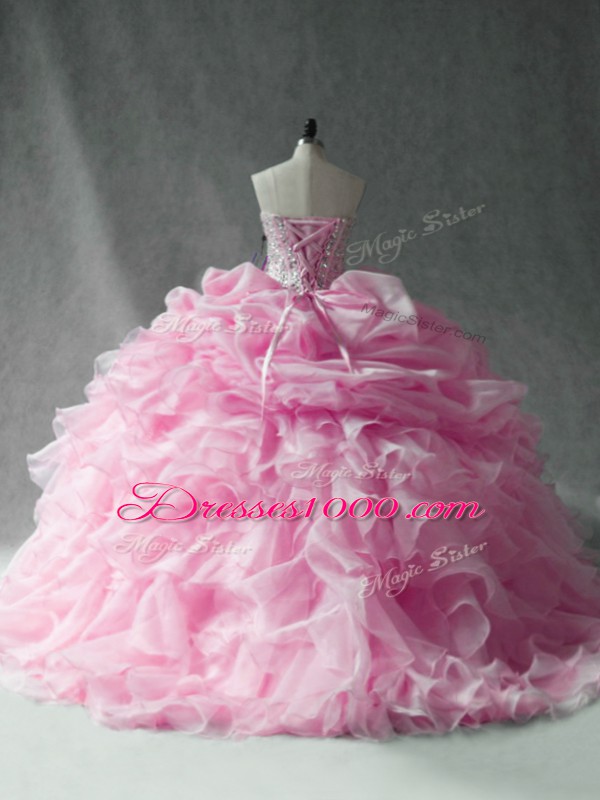 Sleeveless Brush Train Beading and Ruffles and Pick Ups Lace Up Quinceanera Gowns