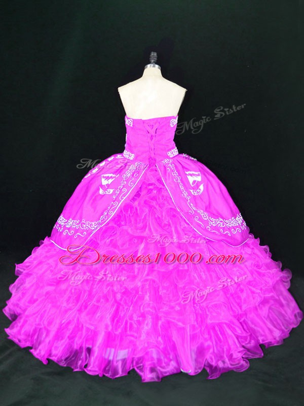 Fuchsia Ball Gowns Organza Strapless Sleeveless Embroidery and Ruffles Floor Length Lace Up 15th Birthday Dress