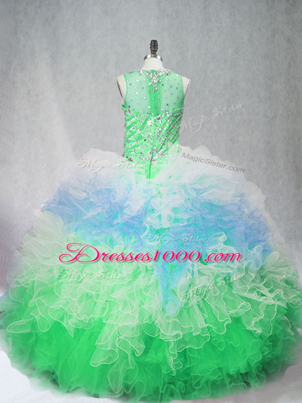 Hot Selling Multi-color Ball Gowns Tulle Scoop Sleeveless Beading and Ruffles Floor Length Zipper 15th Birthday Dress