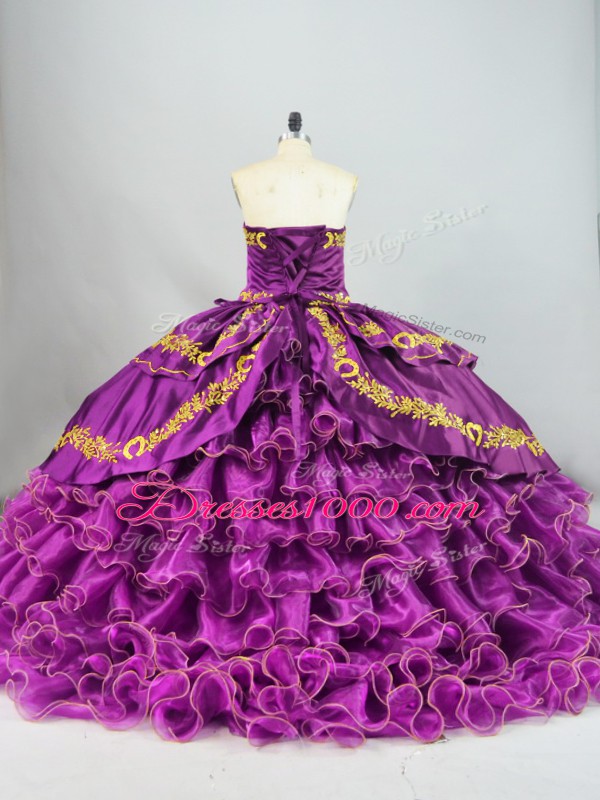 Purple Ball Gowns Satin and Organza Sweetheart Sleeveless Embroidery and Ruffles Lace Up 15th Birthday Dress Brush Train