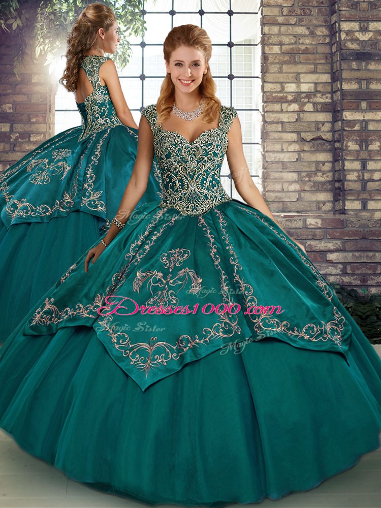 Inexpensive Teal Sleeveless Floor Length Beading and Embroidery Lace Up Sweet 16 Quinceanera Dress