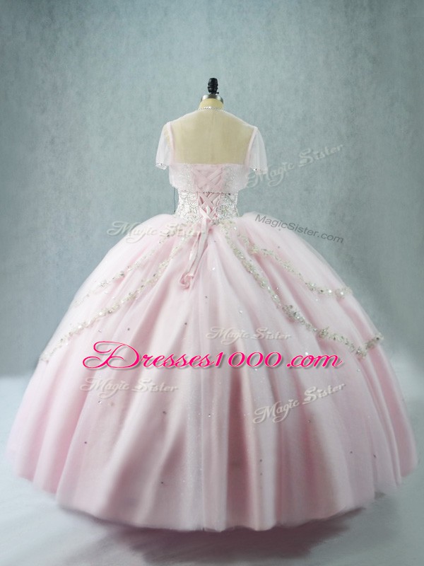 Pink Lace Up Sweetheart Beading Quinceanera Dresses Tulle Sleeveless