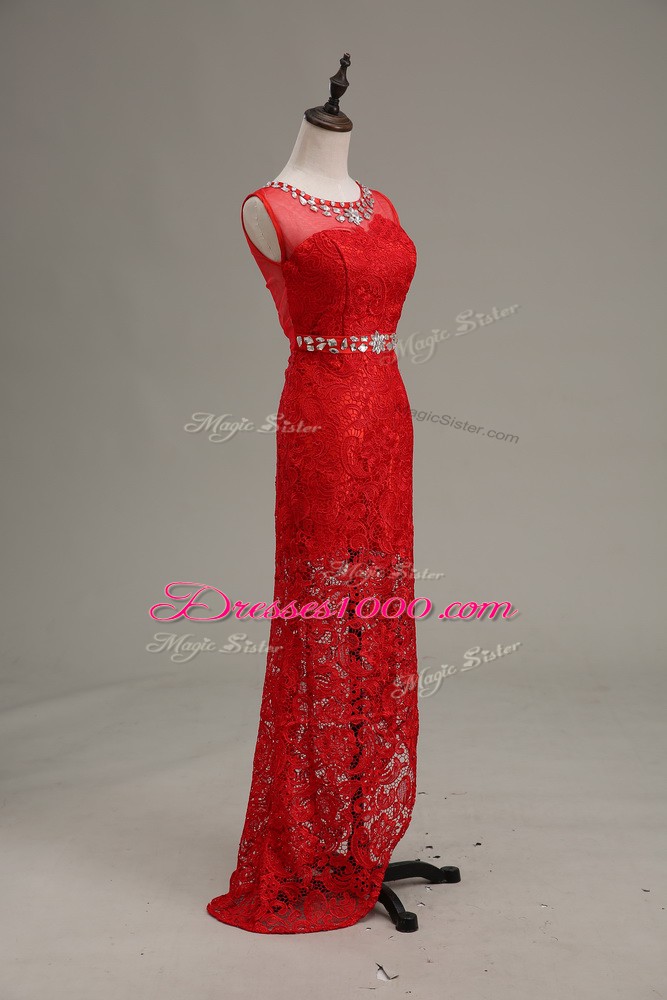 Red Column/Sheath Beading Evening Wear Zipper Lace Sleeveless Floor Length
