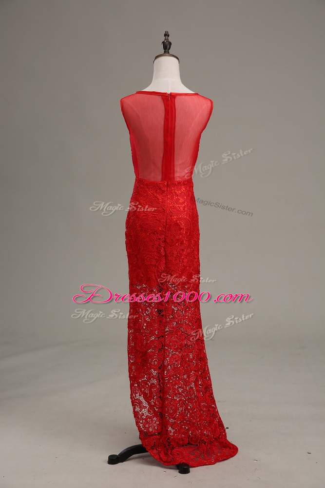 Red Column/Sheath Beading Evening Wear Zipper Lace Sleeveless Floor Length