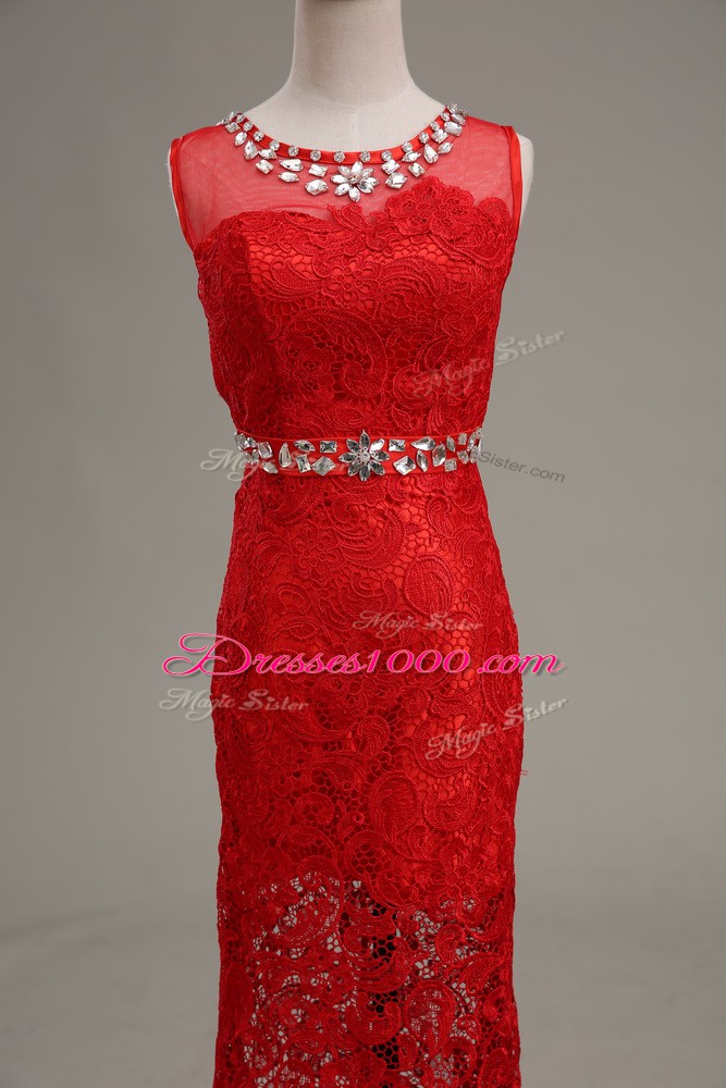 Red Column/Sheath Beading Evening Wear Zipper Lace Sleeveless Floor Length