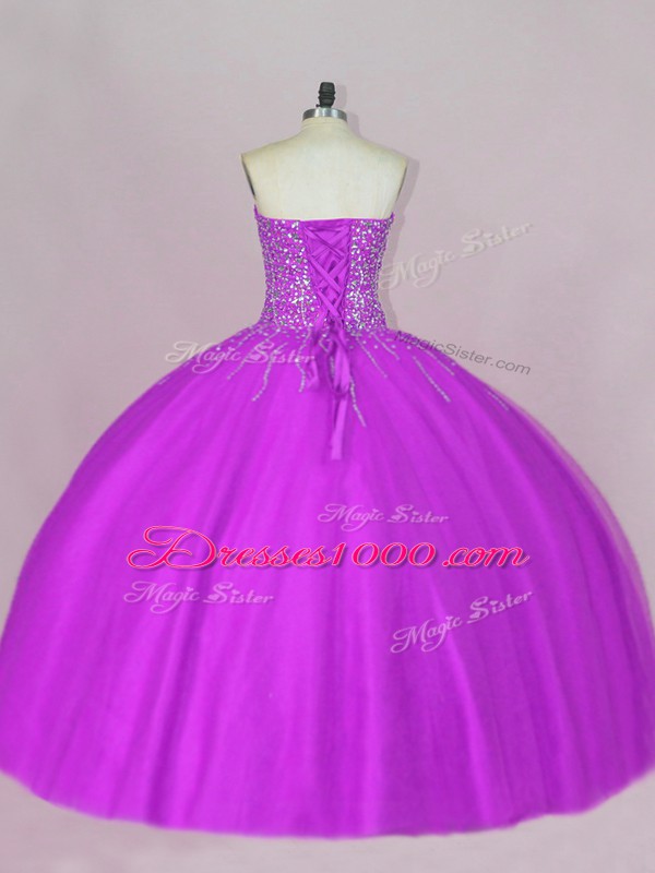 Modest Floor Length Purple Quince Ball Gowns Tulle Sleeveless Beading