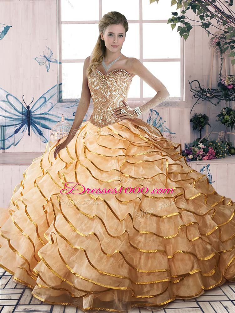Decent Sweetheart Sleeveless Brush Train Lace Up Sweet 16 Dresses Gold Organza