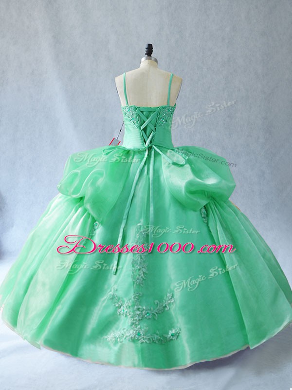 Wonderful Sleeveless Organza Floor Length Lace Up Ball Gown Prom Dress in Green with Appliques