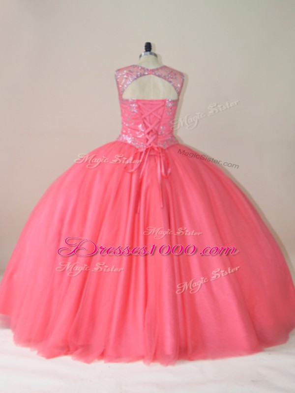 Admirable Floor Length Watermelon Red Sweet 16 Quinceanera Dress Scoop Sleeveless Lace Up