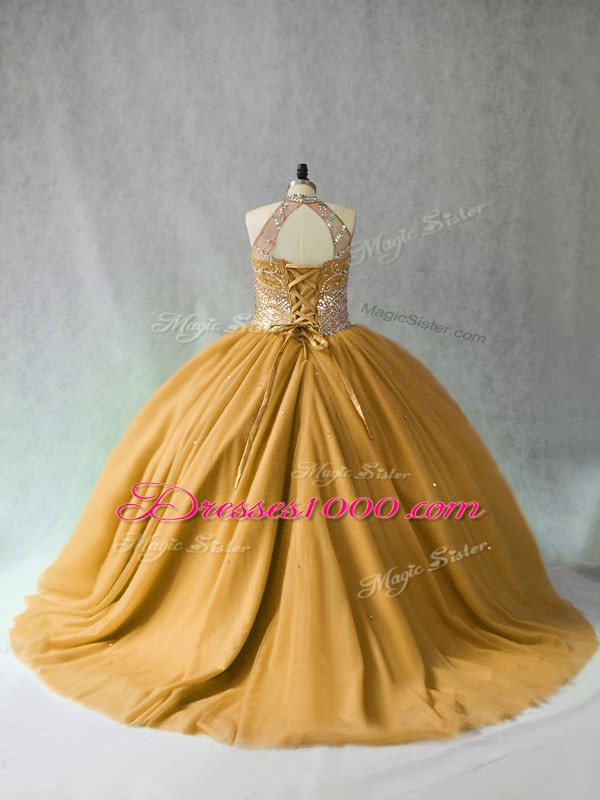 Sumptuous Gold Sleeveless Beading Lace Up Sweet 16 Dresses