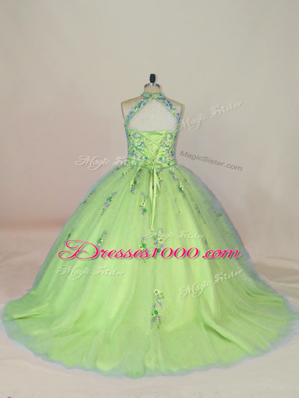 Trendy Yellow Green Sleeveless Tulle Brush Train Lace Up Sweet 16 Quinceanera Dress for Sweet 16 and Quinceanera