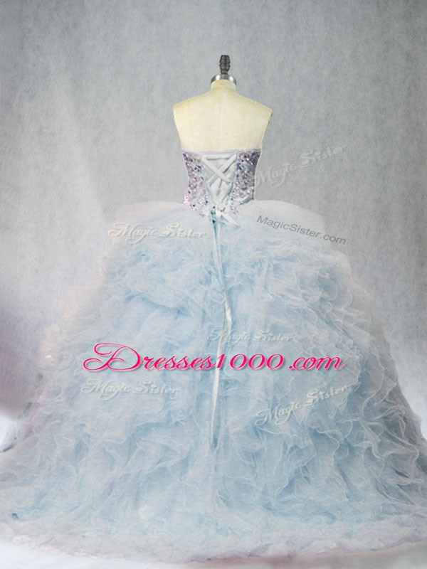 Sweetheart Sleeveless Sweet 16 Quinceanera Dress Brush Train Beading and Ruffles Light Blue Tulle
